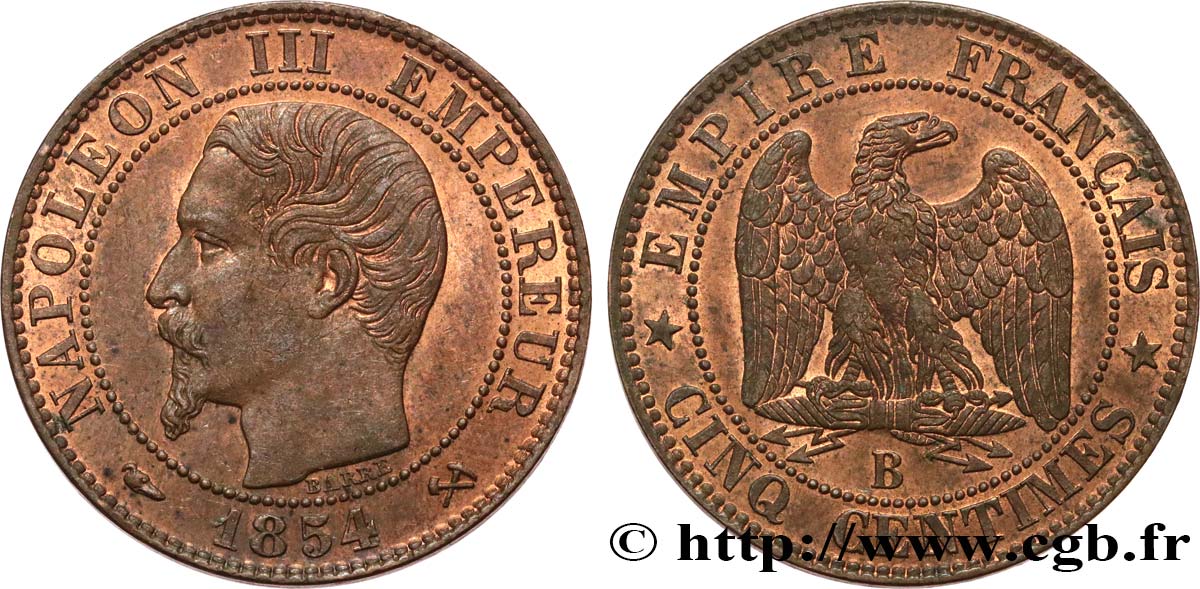 Cinq centimes Napoléon III, tête nue 1854 Rouen F.116/9 SUP55 