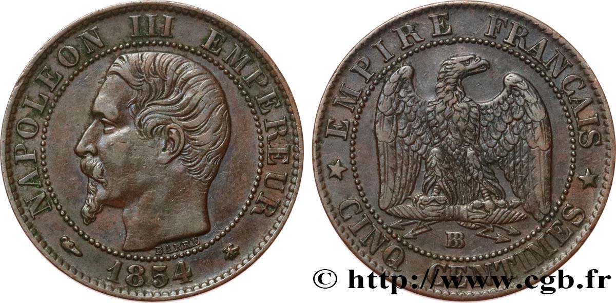 Cinq centimes Napoléon III, tête nue 1854 Strasbourg F.116/10 TTB45 