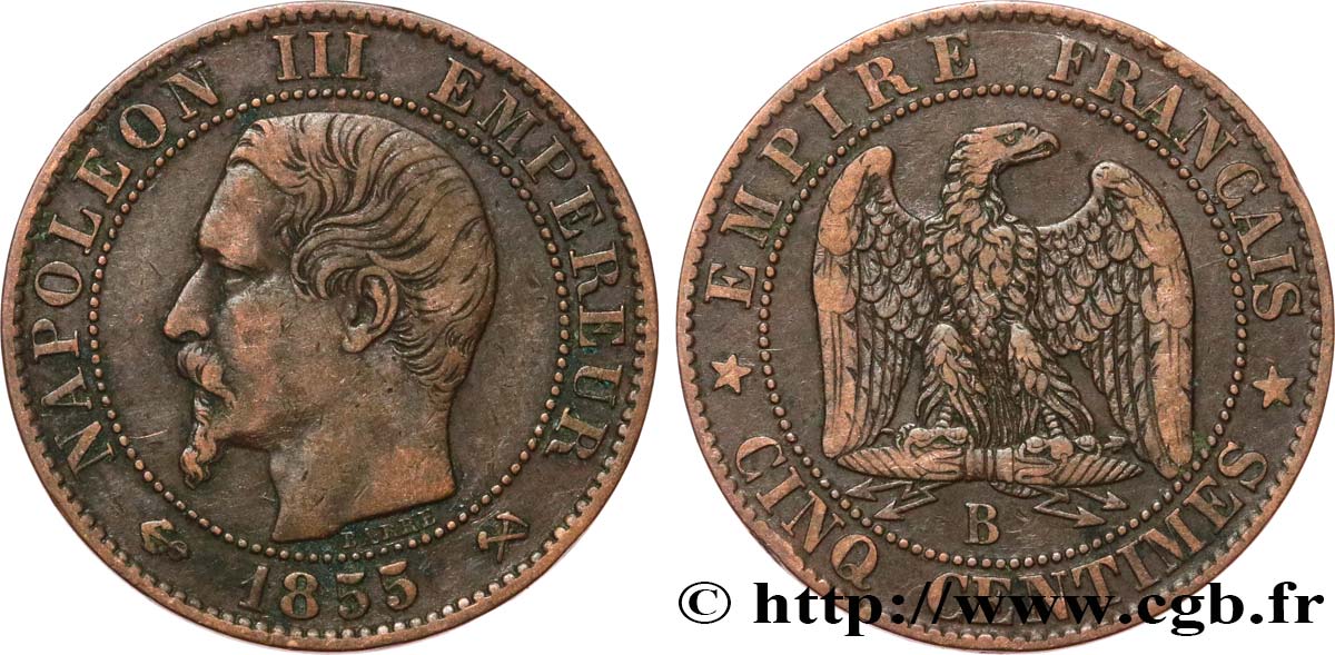 Cinq centimes Napoléon III, tête nue 1855 Rouen F.116/19 TB30 