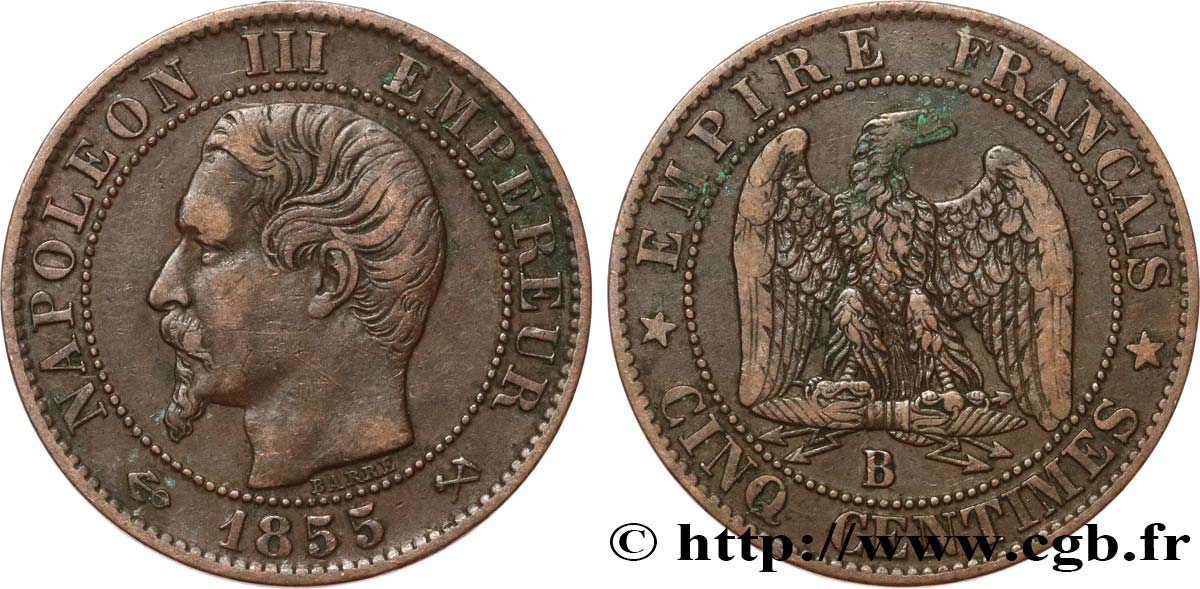 Cinq centimes Napoléon III, tête nue 1855 Rouen F.116/19 VF35 