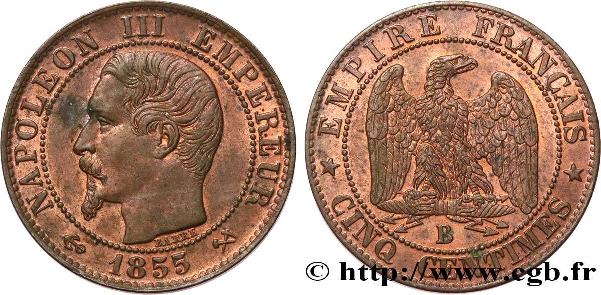 Cinq centimes Napoléon III, tête nue 1855 Rouen F.116/19 SPL58 