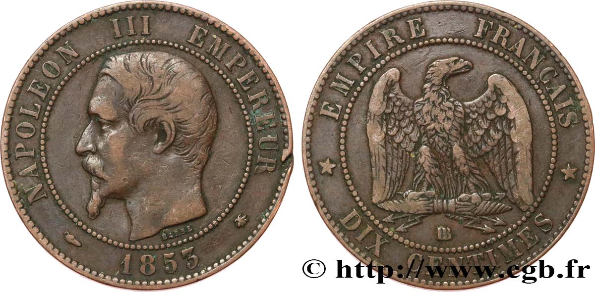 Dix centimes Napoléon III, tête nue 1853 Strasbourg F.133/4 TB30 