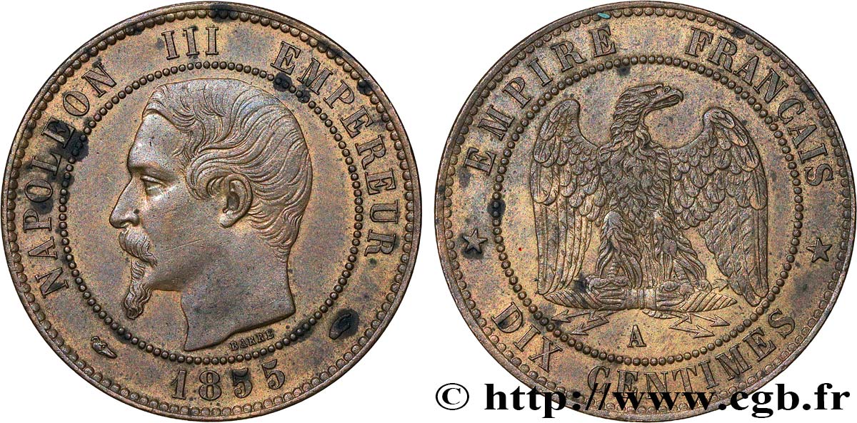 Dix centimes Napoléon III, tête nue 1855 Paris F.133/19 EBC 
