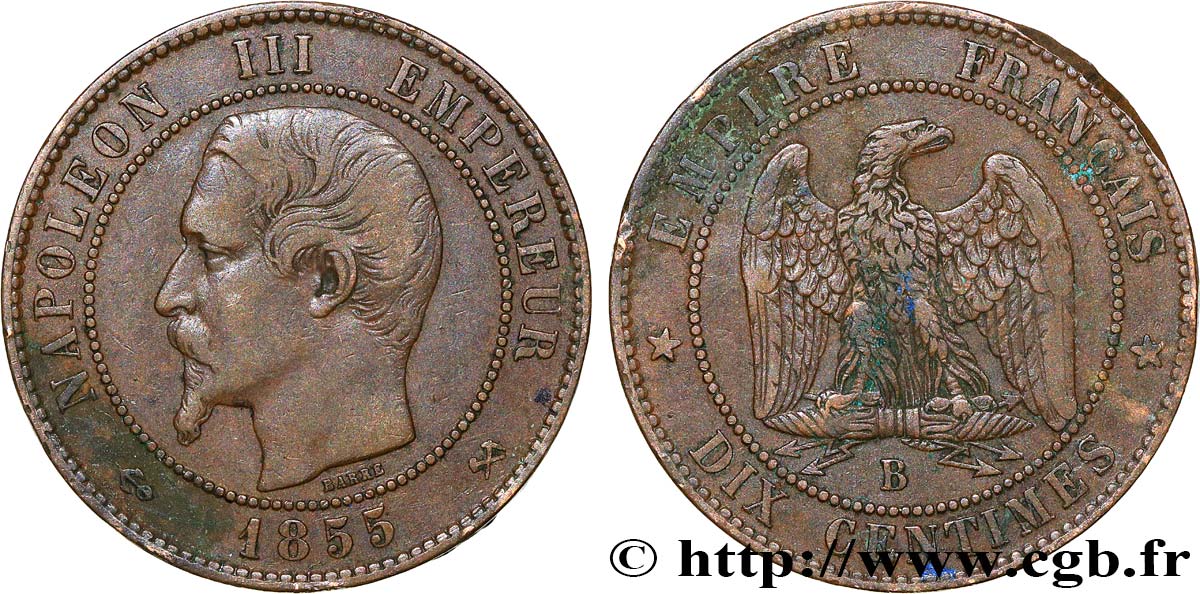 Dix centimes Napoléon III, tête nue 1855 Rouen F.133/22 VF35 