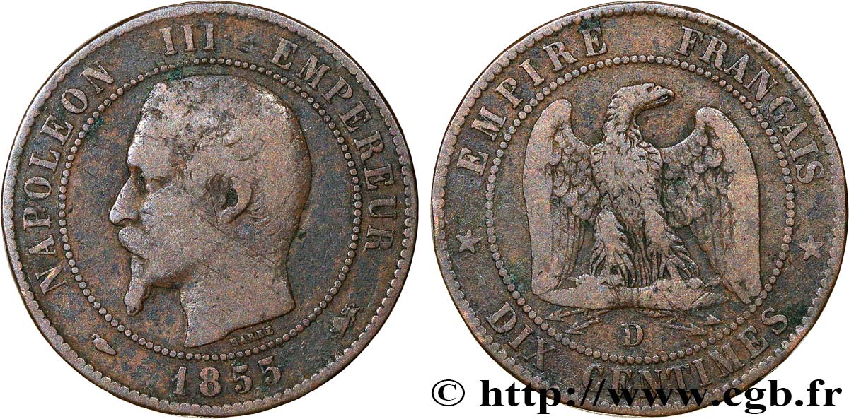 Dix centimes Napoléon III, tête nue 1855 Lyon F.133/25 TB15 