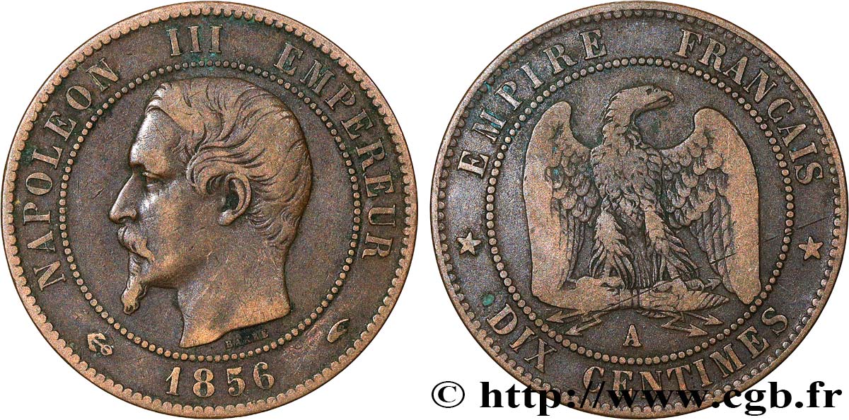 Dix centimes Napoléon III, tête nue 1856 Paris F.133/34 MB 