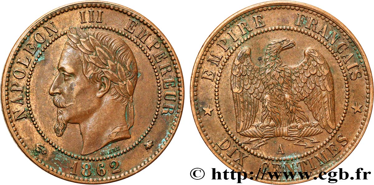 Dix centimes Napoléon III, tête laurée 1862 Paris F.134/7 TTB45 