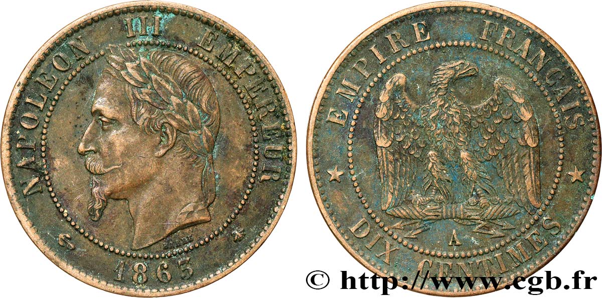 Dix centimes Napoléon III, tête laurée 1863 Paris F.134/10 TB+ 