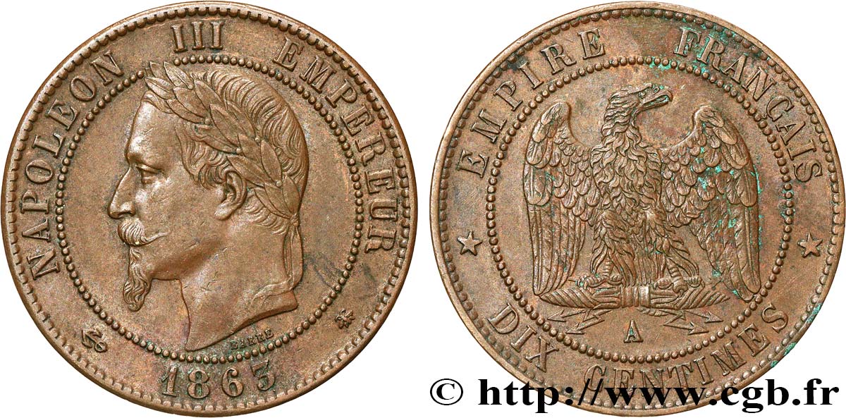 Dix centimes Napoléon III, tête laurée 1863 Paris F.134/10 XF45 