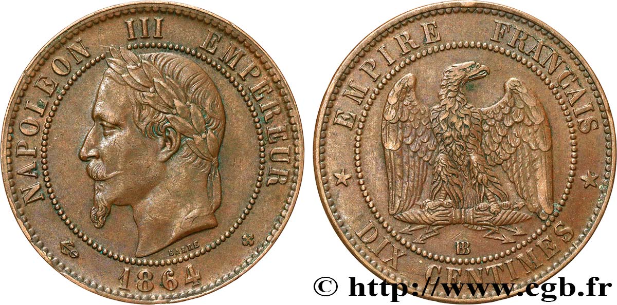 Dix centimes Napoléon III, tête laurée 1864 Strasbourg F.134/14 XF45 