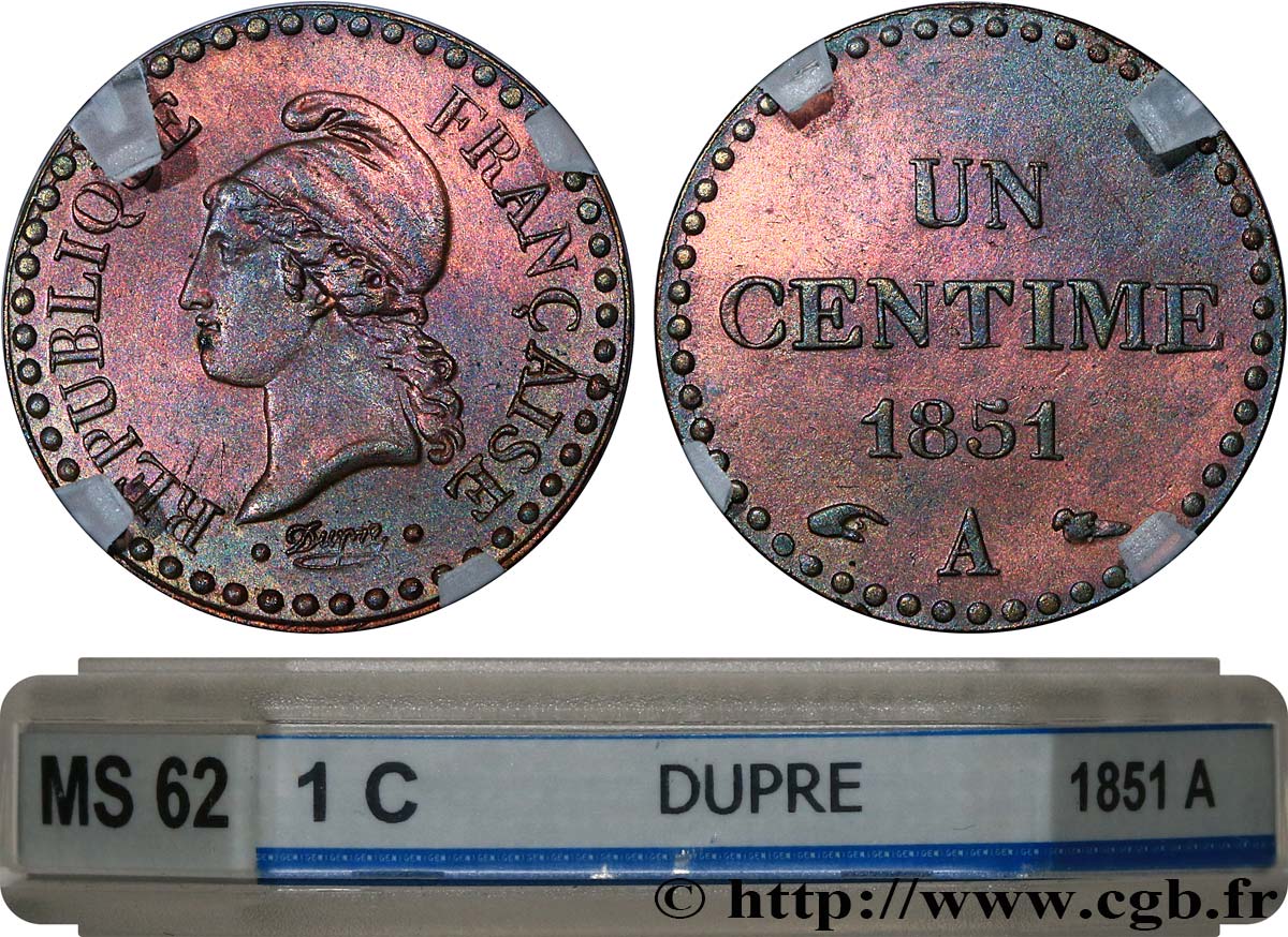 Un centime Dupré, IIe République 1851 Paris F.101/8 SUP62 GENI
