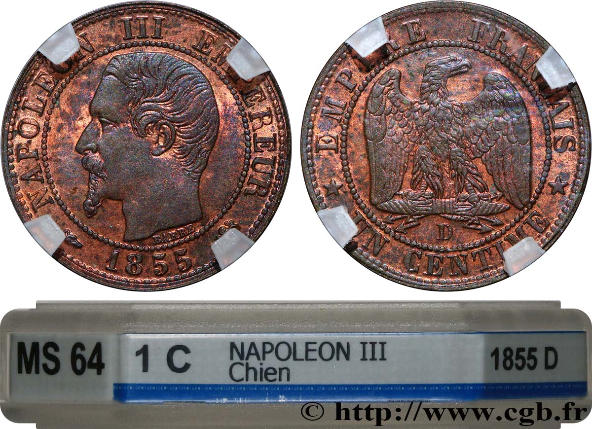 Un centime Napoléon III, tête nue 1855 Lyon F.102/19 SPL64 GENI