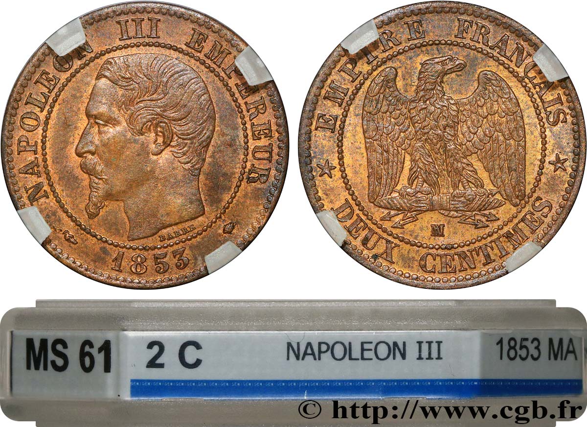 Deux centimes Napoléon III, tête nue 1853 Marseille F.107/7 SUP61 GENI