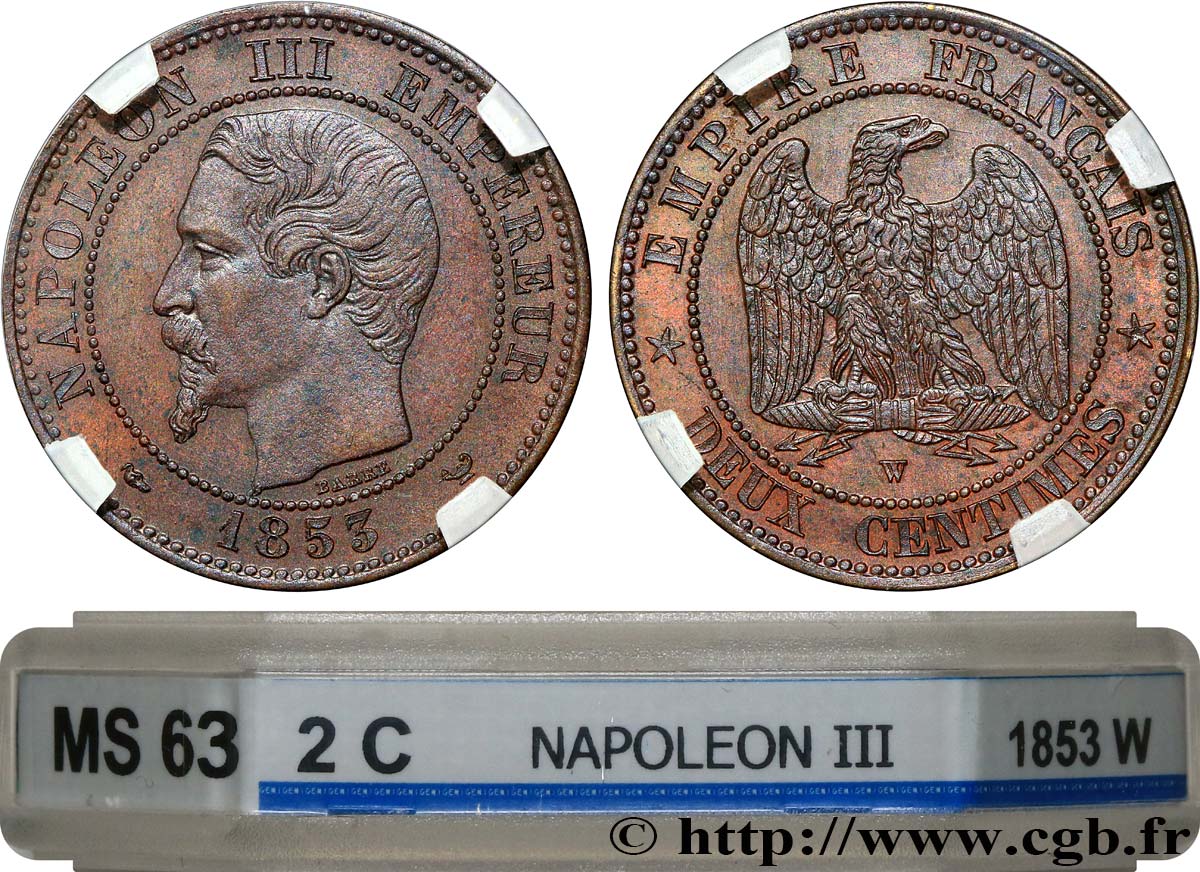 Deux centimes Napoléon III, tête nue 1853 Lille F.107/8 SPL63 GENI