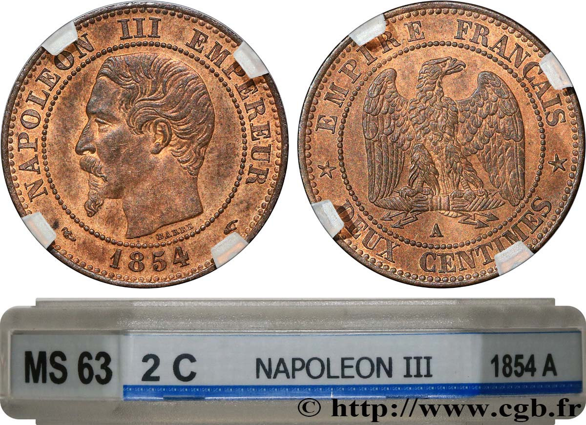 Deux centimes Napoléon III, tête nue 1854 Paris F.107/9 SPL63 GENI