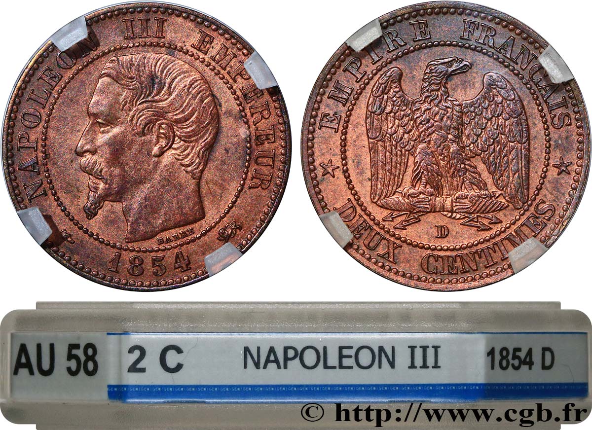 Deux centimes Napoléon III, tête nue, petit D et grand lion 1854 Lyon F.107/14 SUP58 GENI