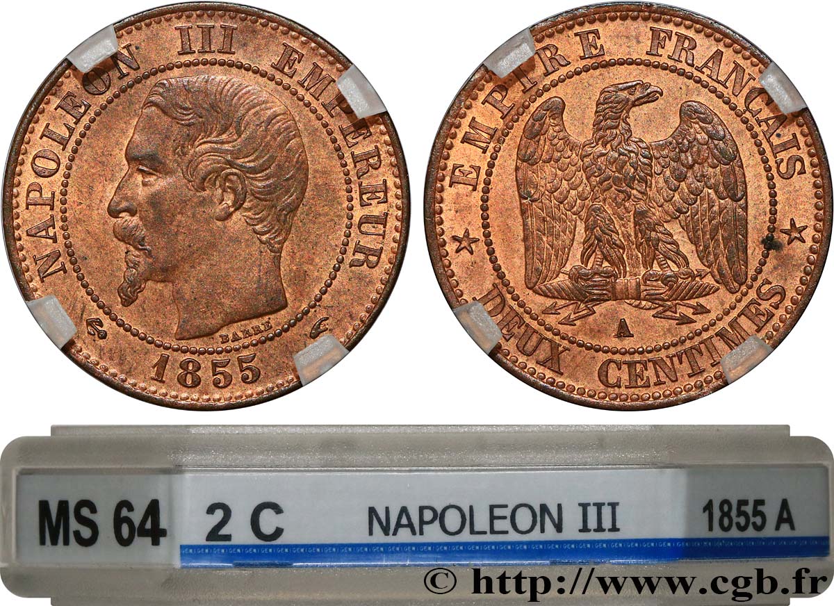 Deux centimes Napoléon III, tête nue 1855 Paris F.107/20 SPL64 GENI