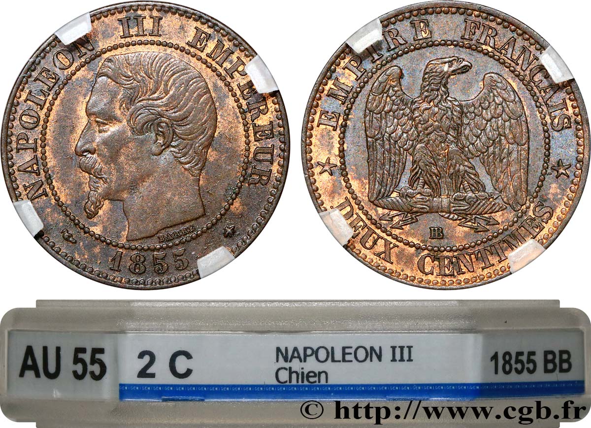 Deux centimes Napoléon III, tête nue 1855 Strasbourg F.107/23 SPL55 GENI