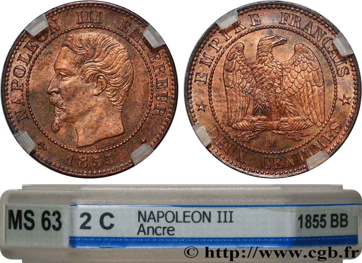 Deux centimes Napoléon III, tête nue 1855 Strasbourg F.107/24 MS63 GENI