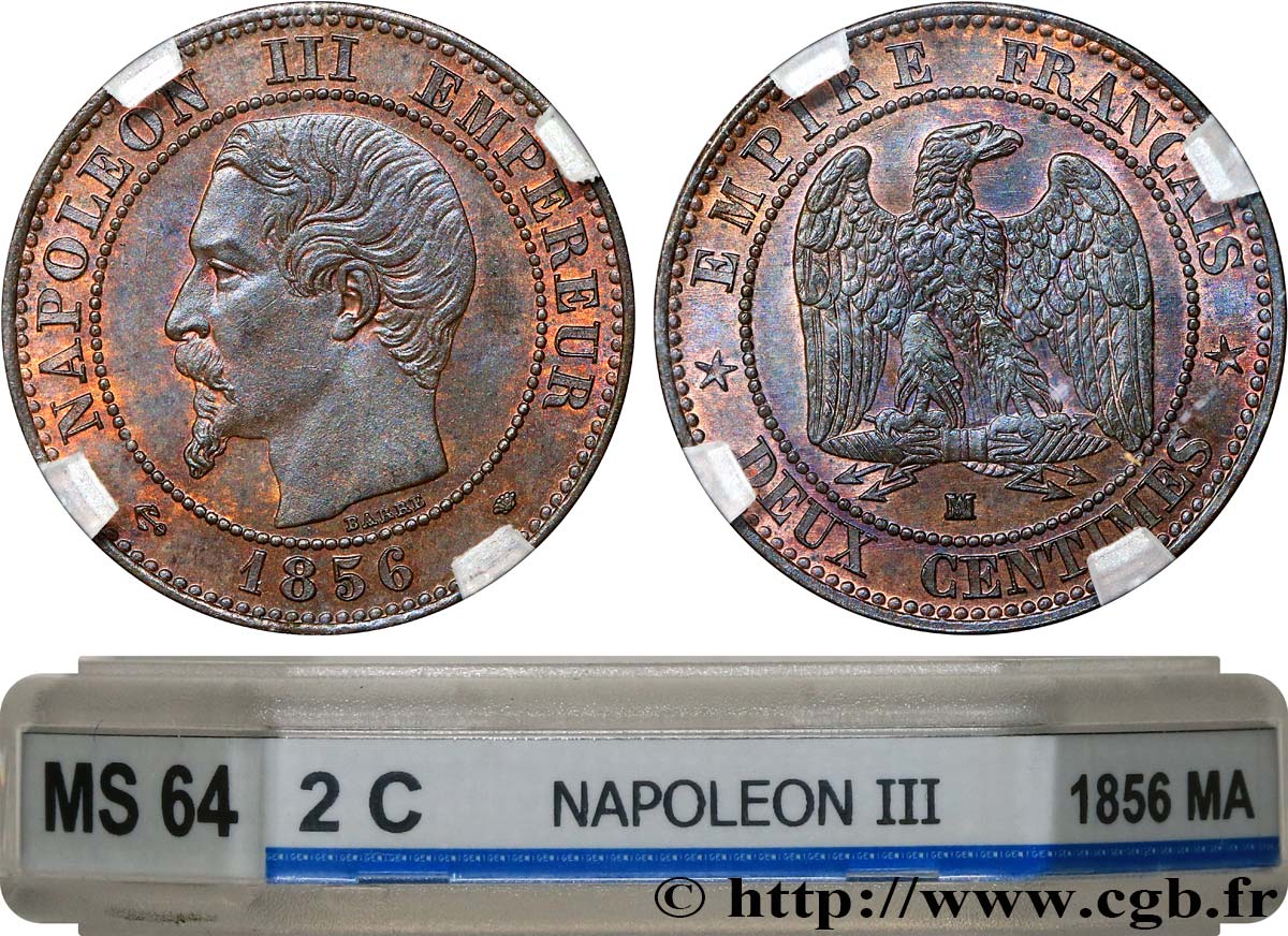 Deux centimes Napoléon III, tête nue 1856 Marseille F.107/42 MS64 GENI