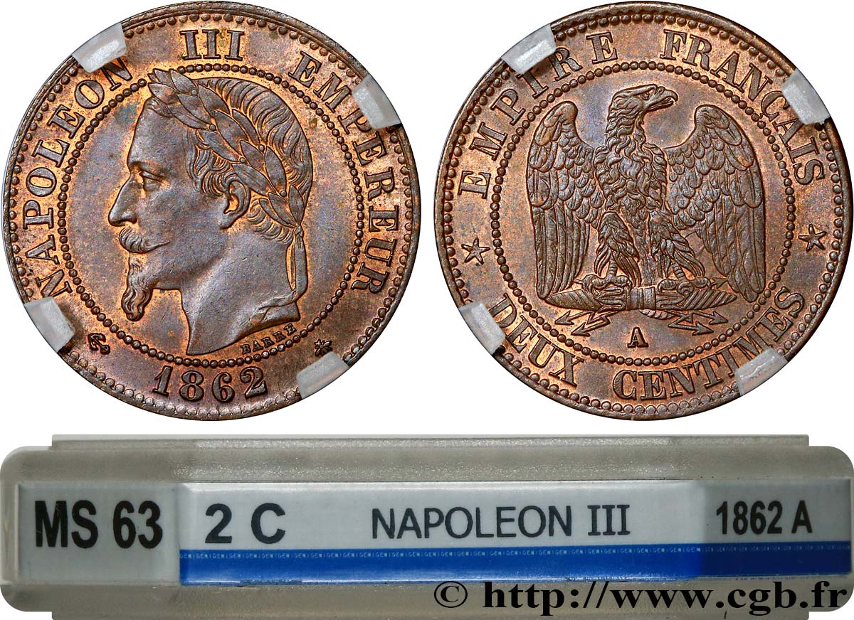 Deux centimes Napoléon III, tête laurée, buste définitif 1862 Paris F.108A/4 SPL63 GENI