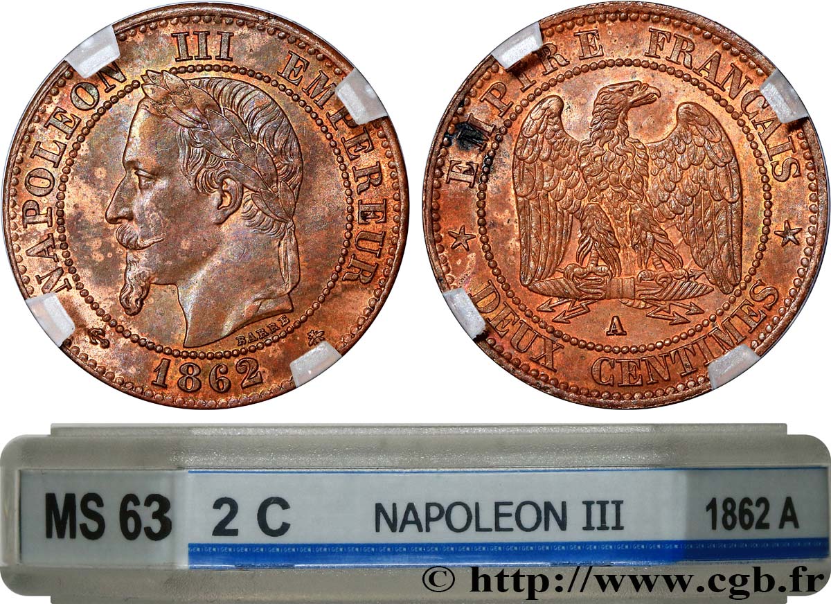 Deux centimes Napoléon III, tête laurée, buste définitif 1862 Paris F.108A/4 fST63 GENI
