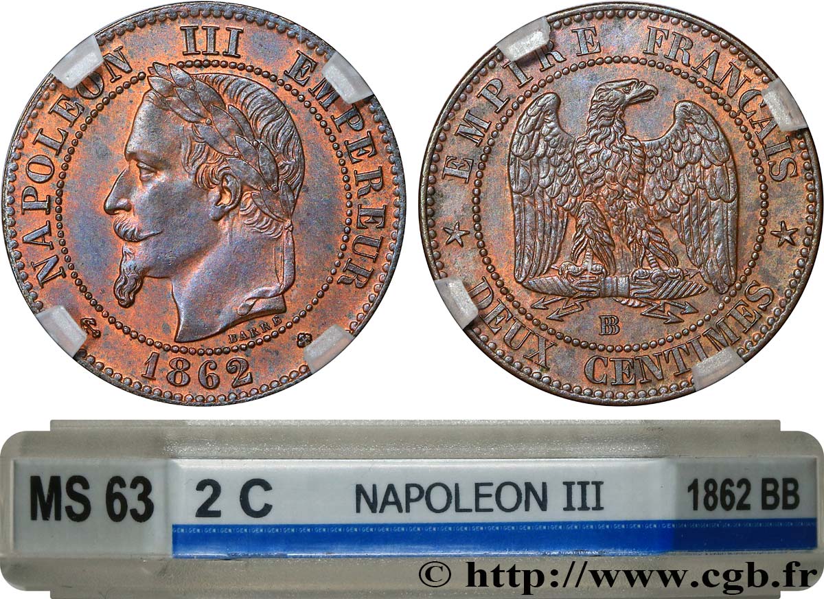 Deux centimes Napoléon III, tête laurée 1862 Strasbourg F.108A/6 SPL63 GENI
