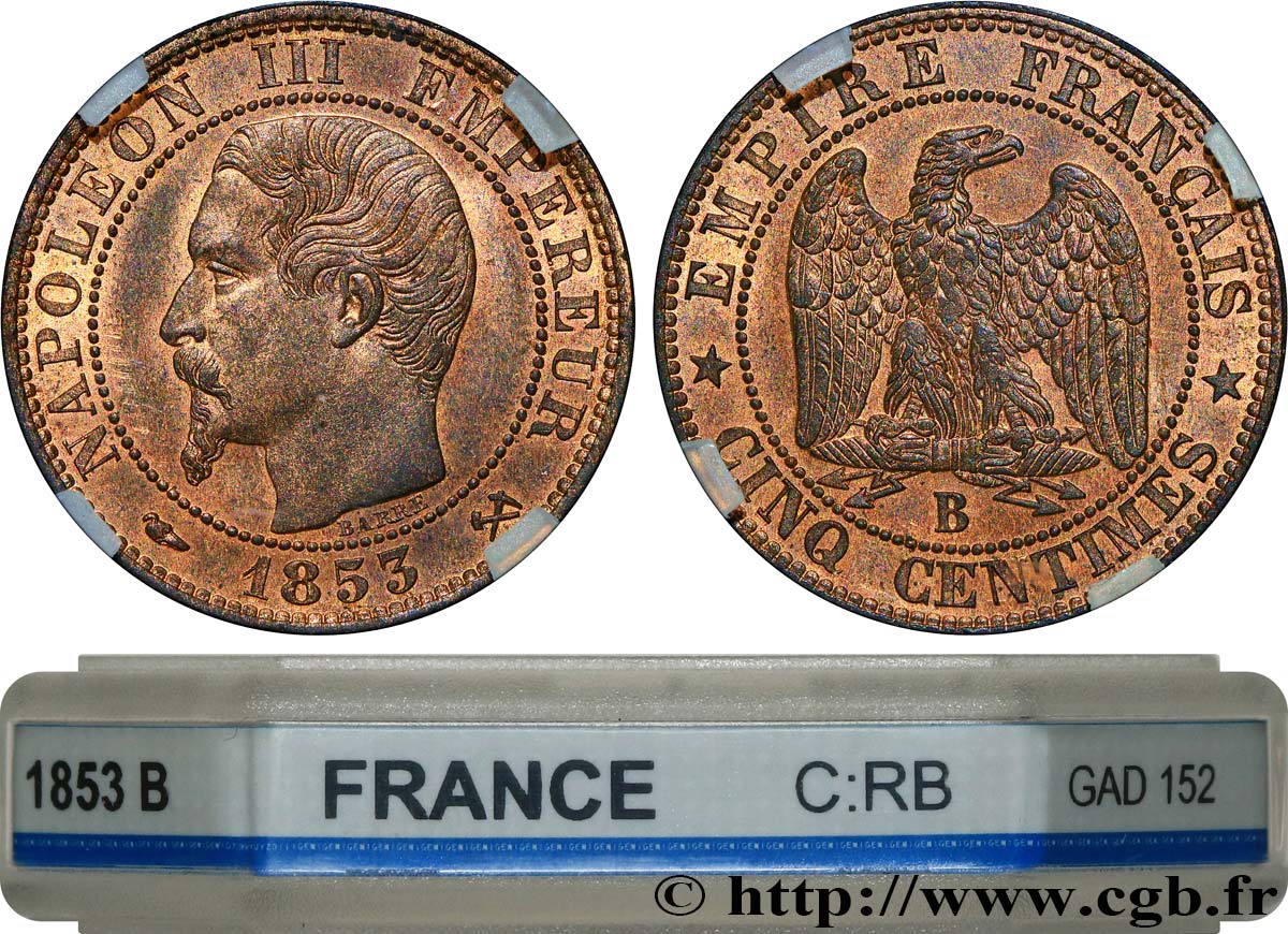 Cinq centimes Napoléon III, tête nue 1853 Rouen F.116/2 fST64 GENI