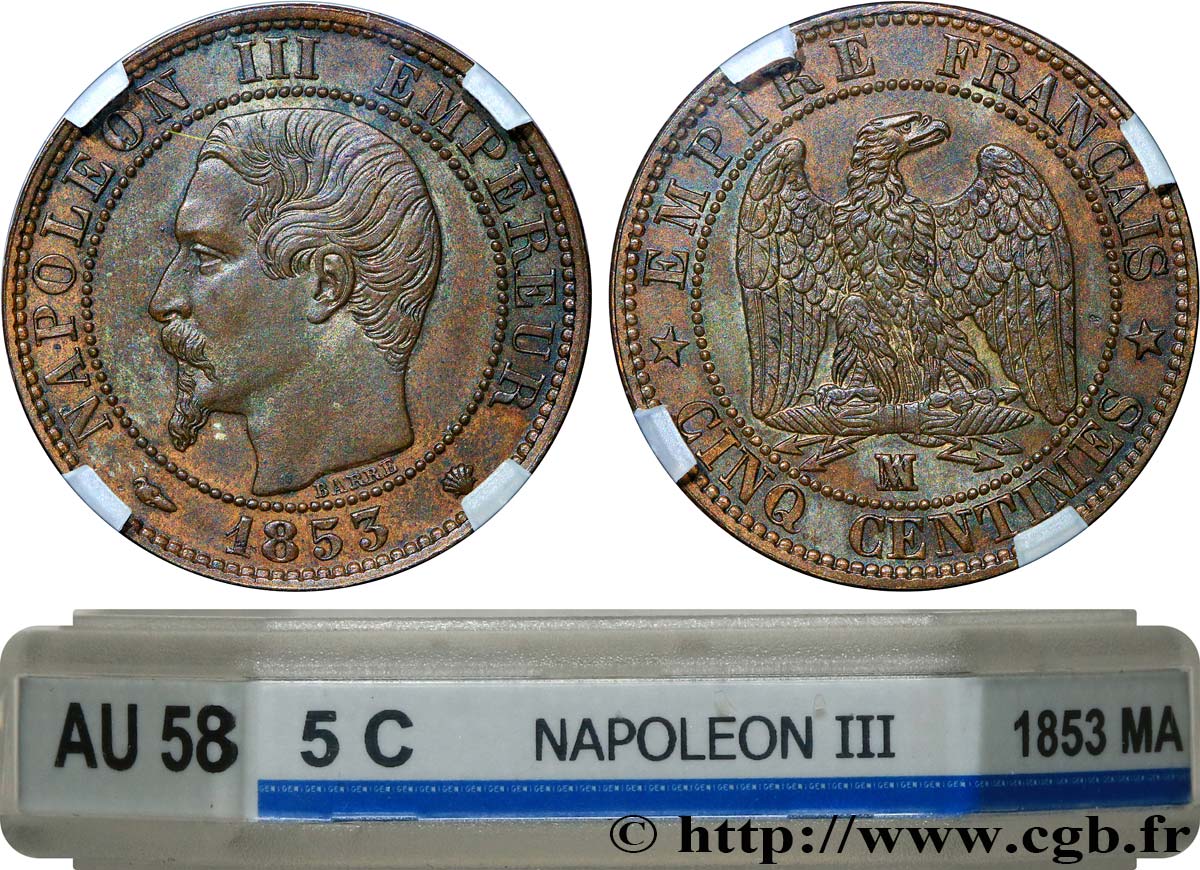 Cinq centimes Napoléon III, tête nue 1853 Marseille F.116/6 AU58 GENI