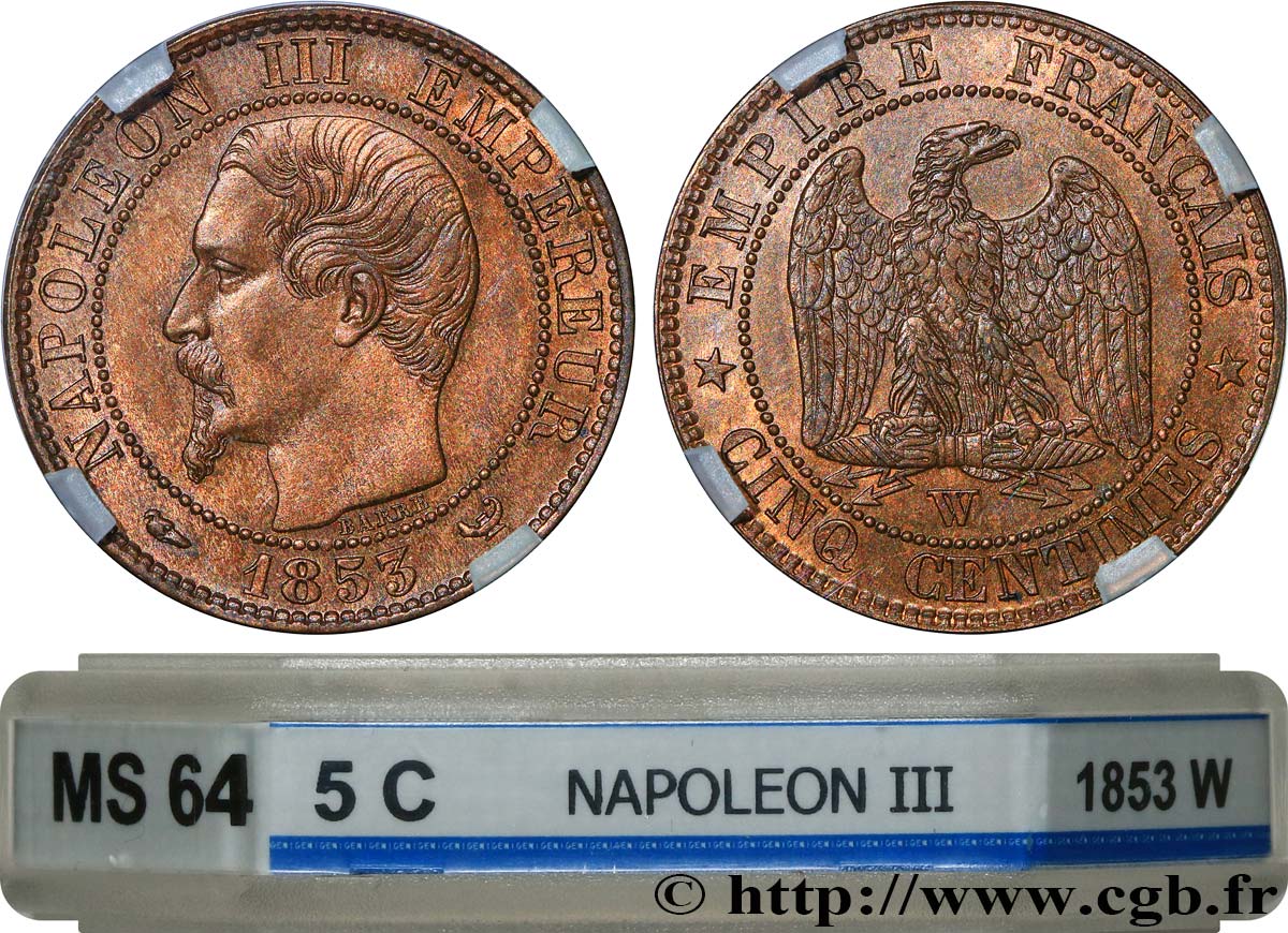 Cinq centimes Napoléon III, tête nue 1853 Lille F.116/7 MS64 GENI