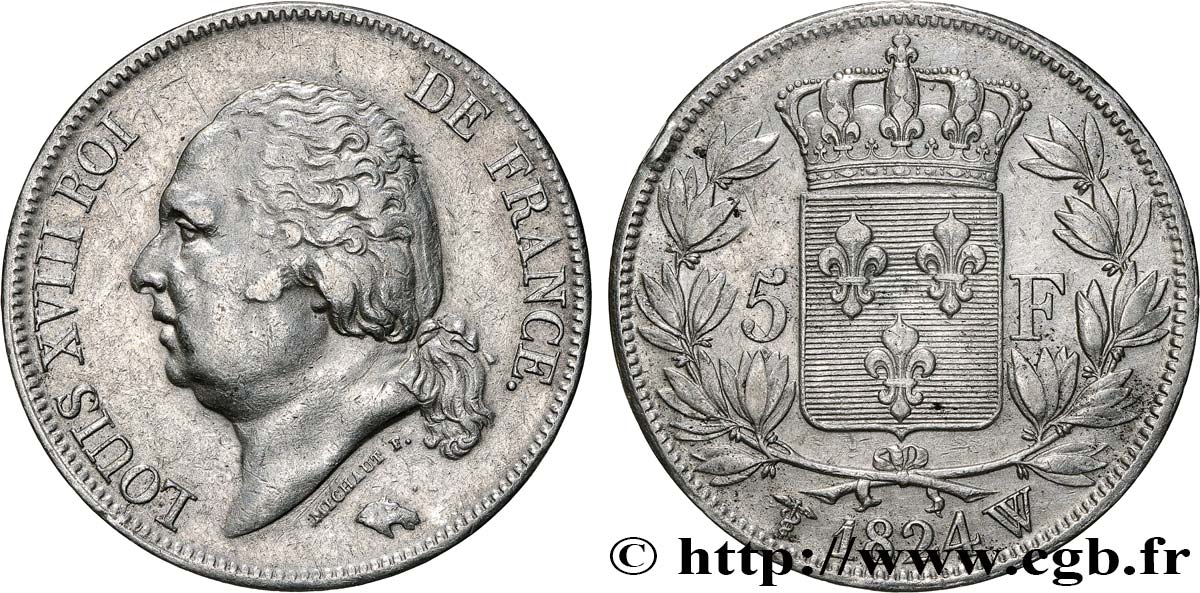 5 francs Louis XVIII, tête nue 1824 Lille F.309/98 SS 