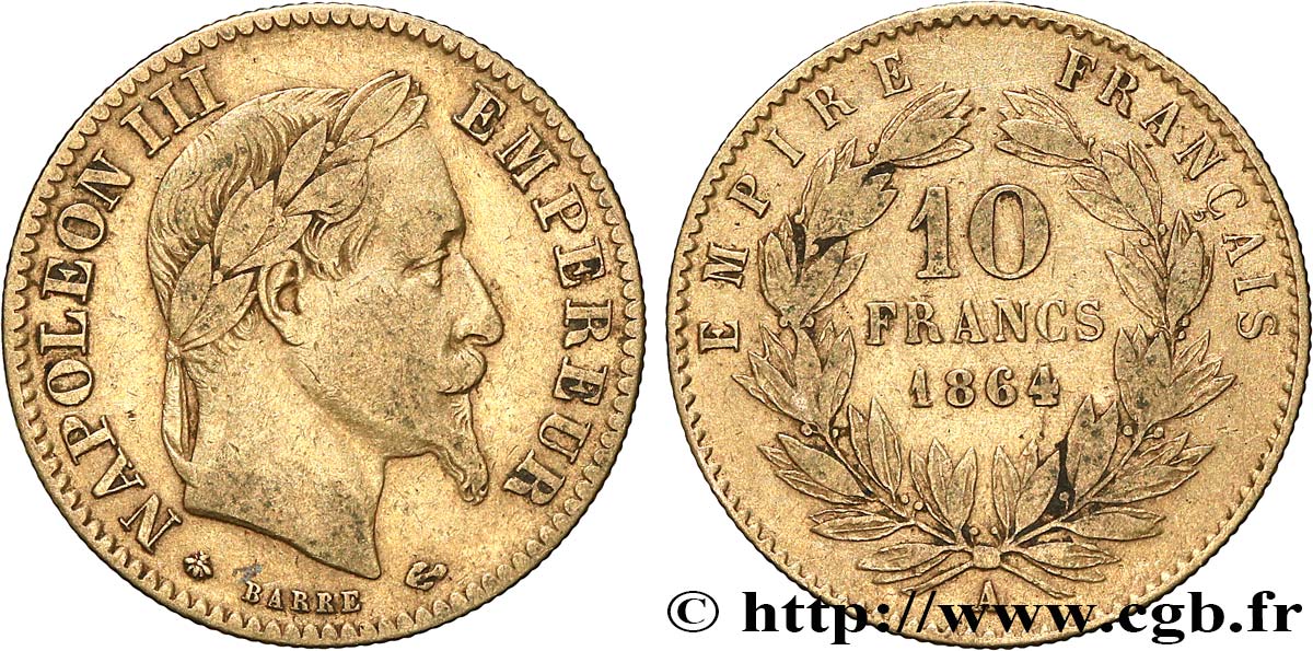 10 francs or Napoléon III, tête laurée, type définitif à grand 10 1864 Paris F.507A/6 S 