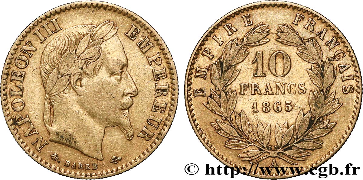 10 francs or Napoléon III, tête laurée 1865 Paris F.507A/9 VF 