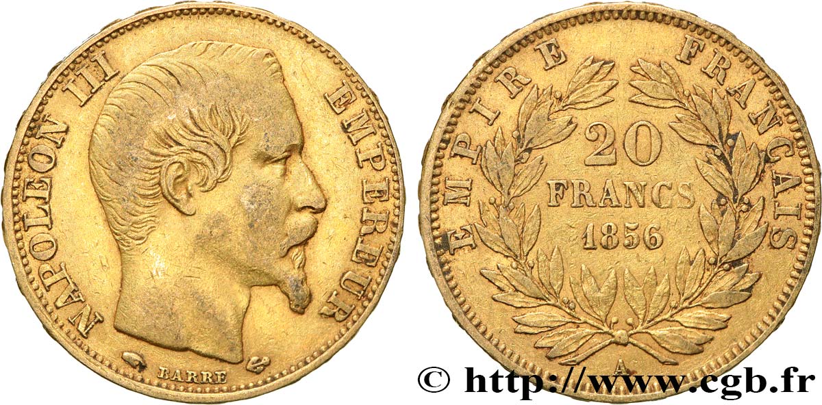 20 francs or Napoléon III, tête nue 1856 Paris F.531/9 BC+ 