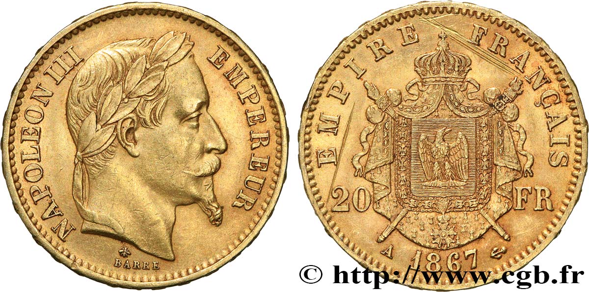 20 francs or Napoléon III, tête laurée 1867 Paris F.532/15 TTB 