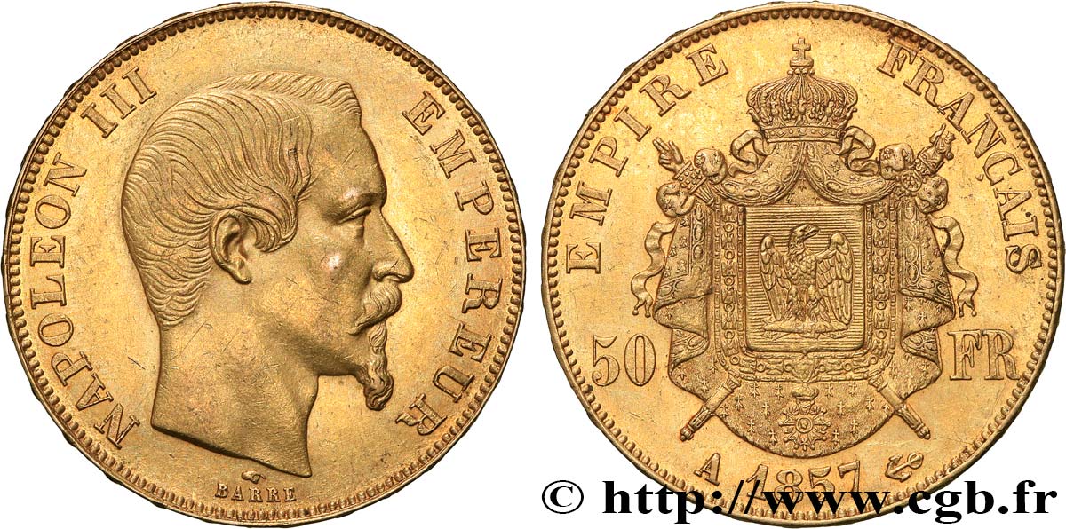 50 francs or Napoléon III, tête nue 1857 Paris F.547/4 EBC58 
