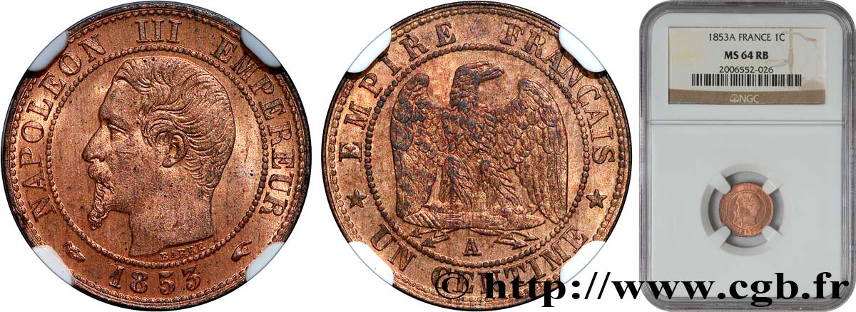 Un centime Napoléon III, tête nue 1853 Paris F.102/1 MS64 NGC