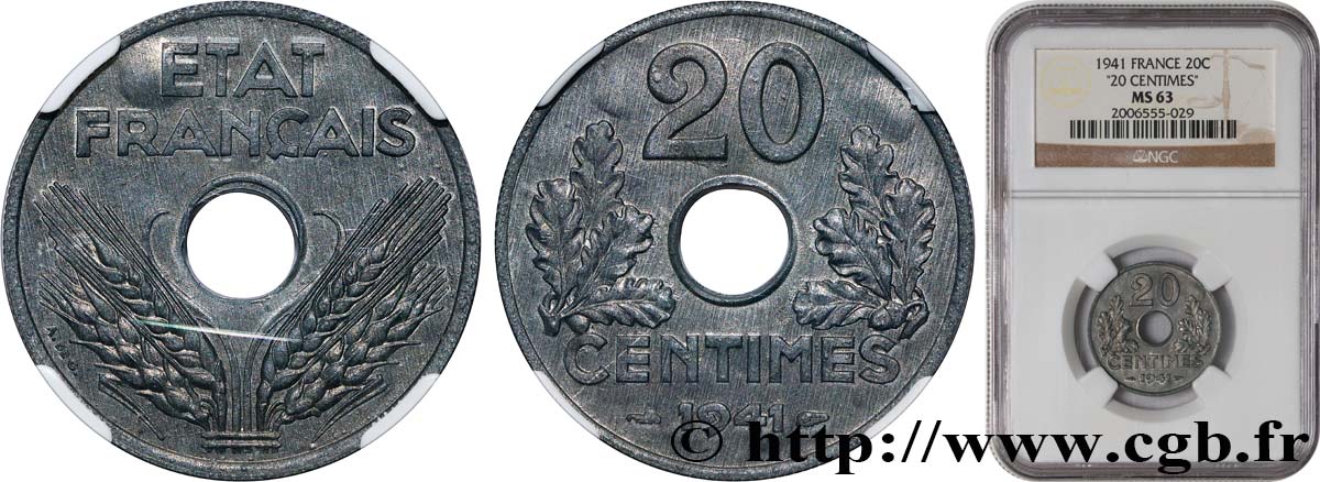 20 centimes État français, lourde 1941  F.153/2 MS63 NGC