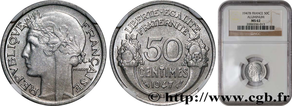 50 centimes Morlon, légère 1947 Beaumont-Le-Roger F.194/11 EBC62 NGC