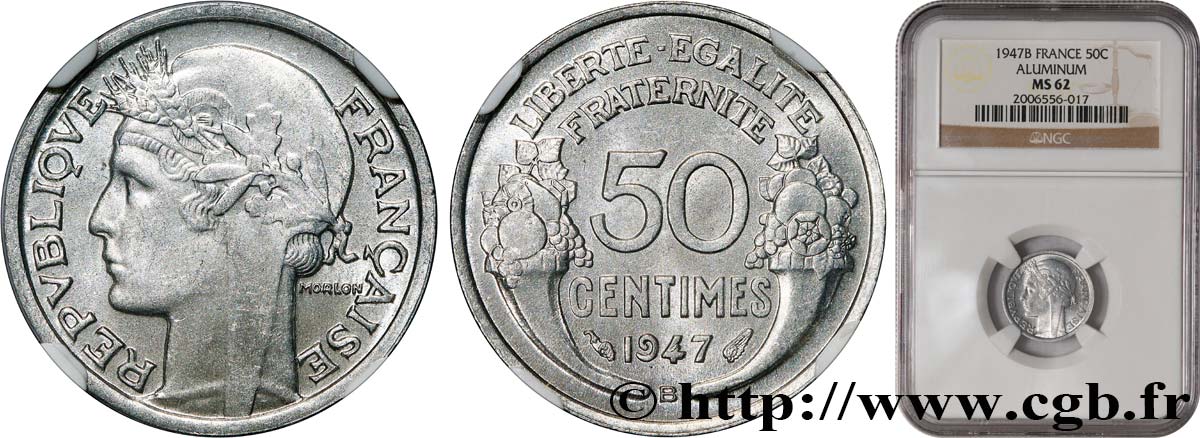 50 centimes Morlon, légère 1947 Beaumont-Le-Roger F.194/11 MS62 NGC
