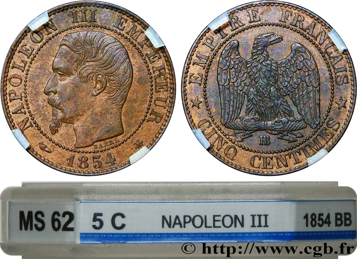 Cinq centimes Napoléon III, tête nue 1854 Strasbourg F.116/10 EBC62 GENI