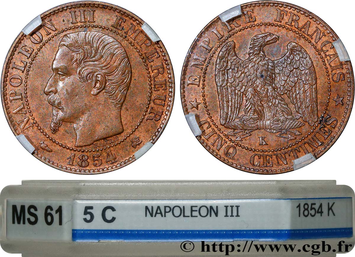 Cinq centimes Napoléon III, tête nue 1854 Bordeaux F.116/13 SUP61 GENI