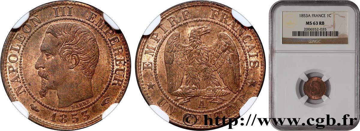 Un centime Napoléon III, tête nue 1853 Paris F.102/1 MS63 NGC