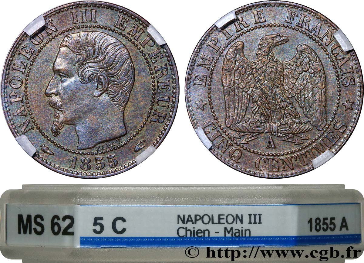 Cinq centimes Napoléon III, tête nue 1855 Paris F.116/16 SPL62 GENI