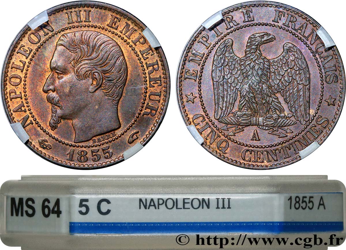 Cinq centimes Napoléon III, tête nue 1855 Paris F.116/17 fST64 GENI