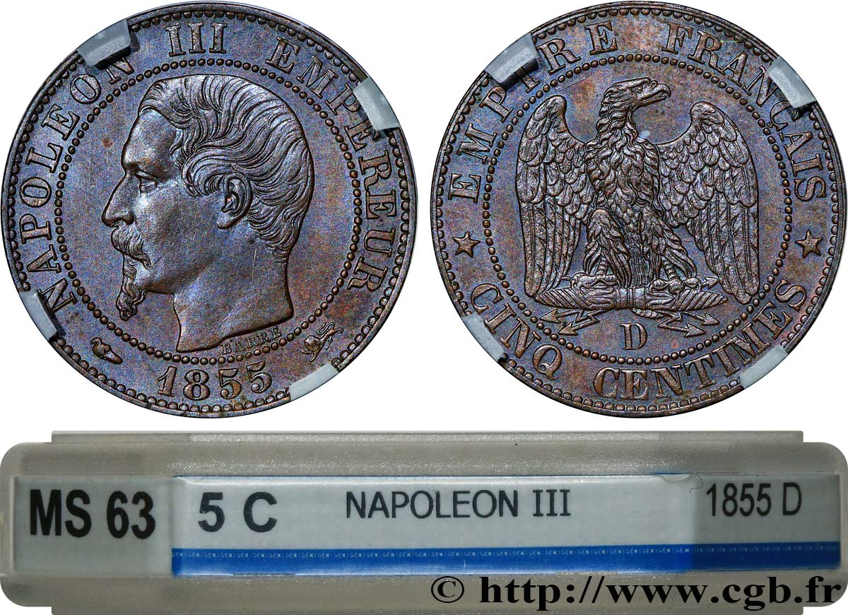 Cinq centimes Napoléon III, tête nue 1855 Lyon F.116/22 fST63 GENI
