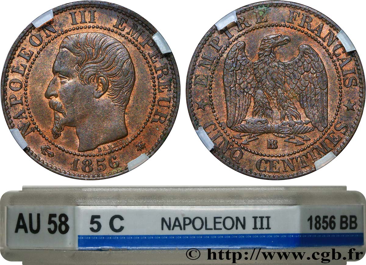 Cinq centimes Napoléon III, tête nue 1856 Strasbourg F.116/32 AU58 GENI