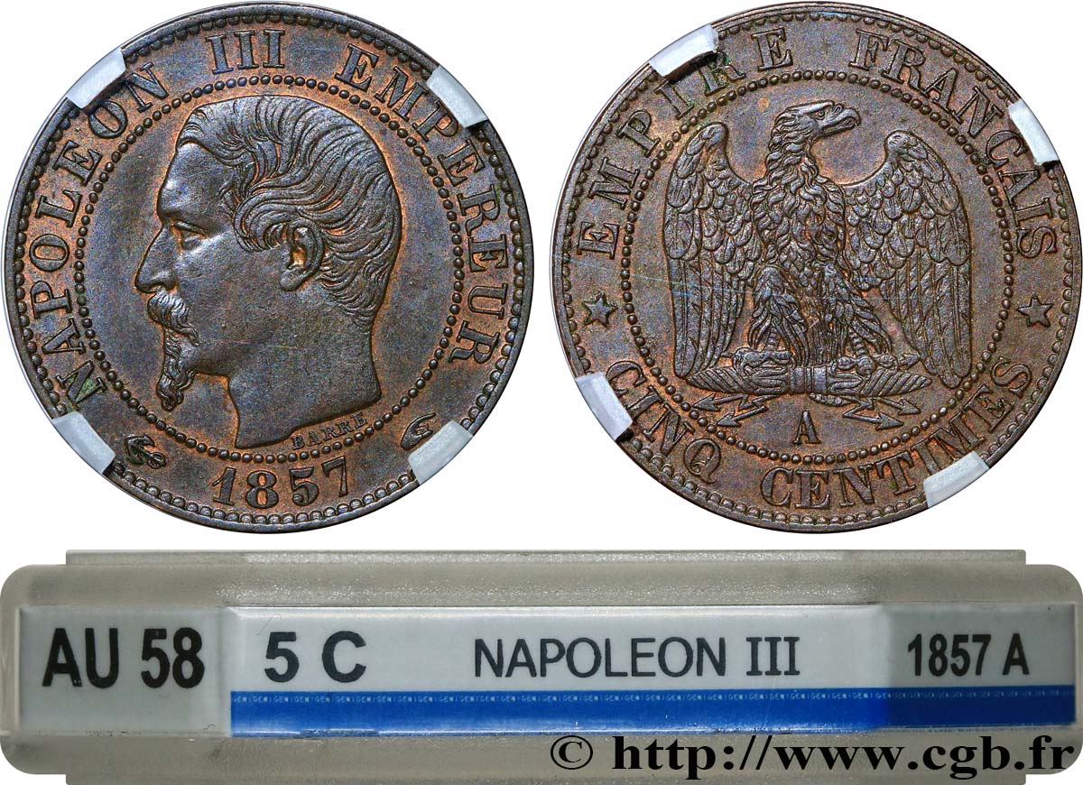 Cinq centimes Napoléon III, tête nue 1857 Paris F.116/37 SUP58 GENI