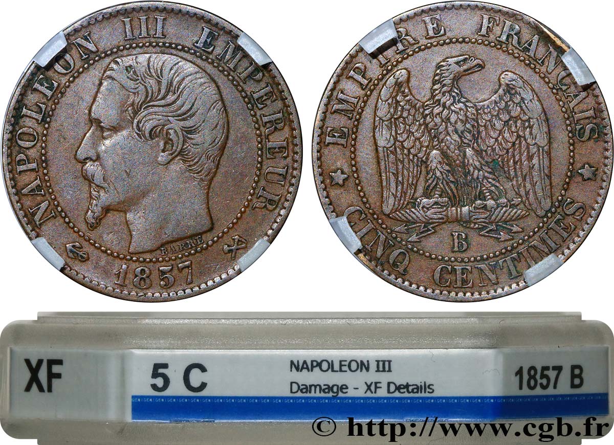 Cinq centimes Napoléon III, tête nue 1857 Rouen F.116/38 TTB GENI