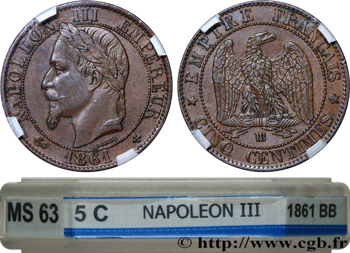 Cinq centimes Napoléon III, tête laurée 1861 Strasbourg F.117/3 SPL63 GENI